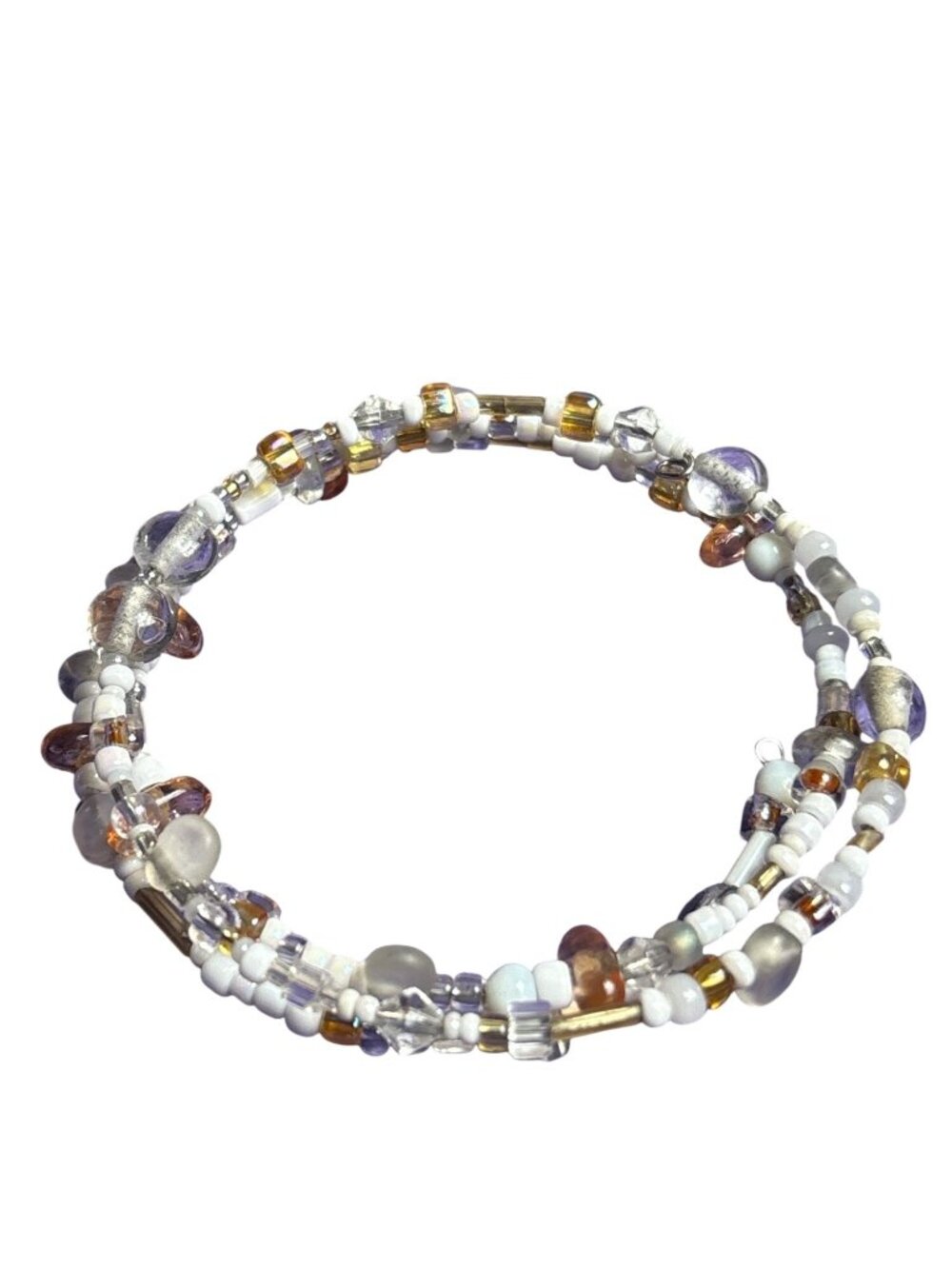 Glass Beaded Memory Wire Bracelet Neutral Clear White Brown